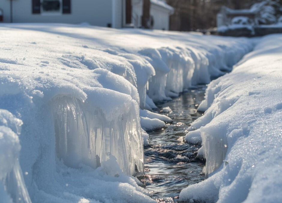 Snow-covered ground with a narrow stream of water flowing through the middle, surrounded by ice formations and icicles hanging from the snow edges. A house and trees are visible in the background.