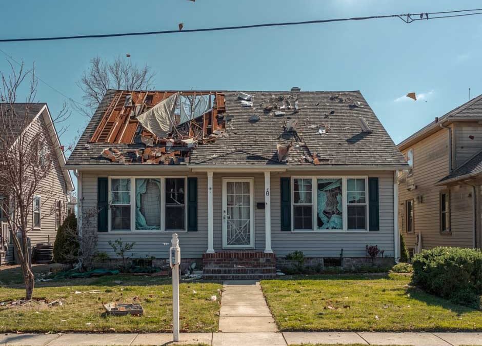 A house with significant roof damage caused by a tornado, showcasing debris scattered around the property