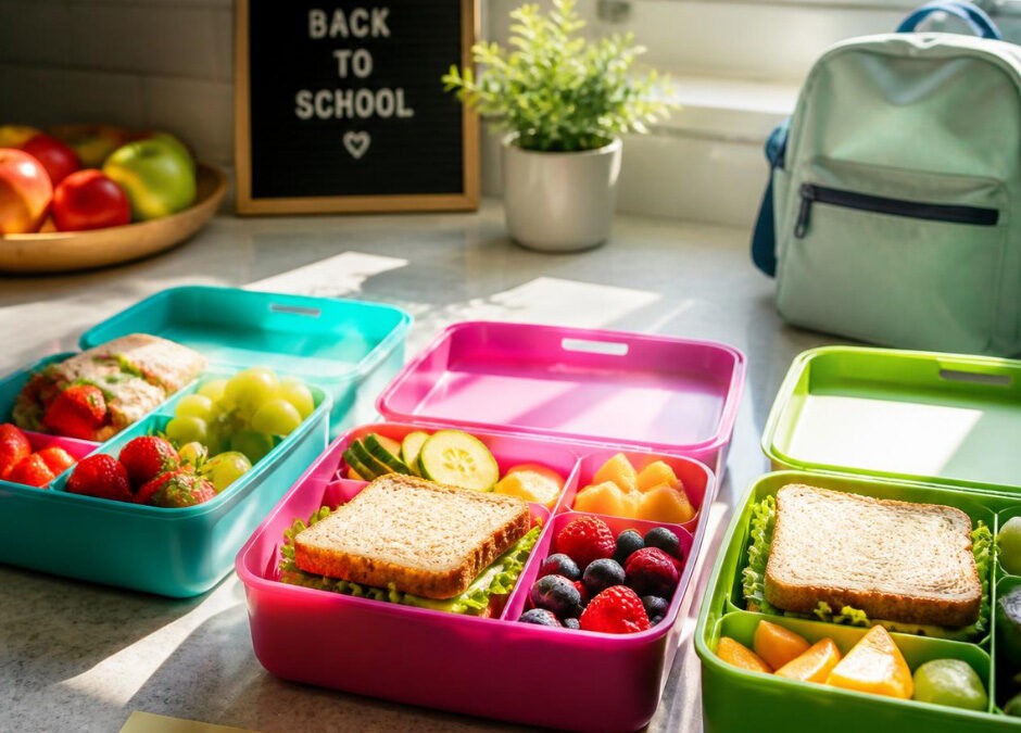 A multi-compartment green bento lunch box filled with a sandwich and fresh snacks, set up for a school lunch