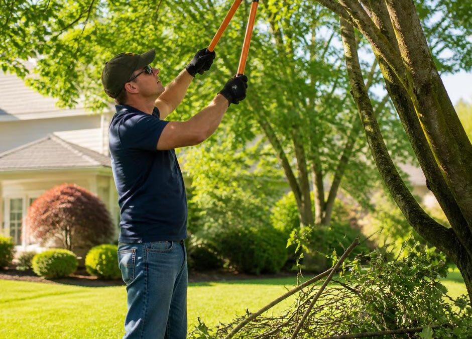 A man using scissors to trim a tree, focusing on shaping the branches for better growth and appearance